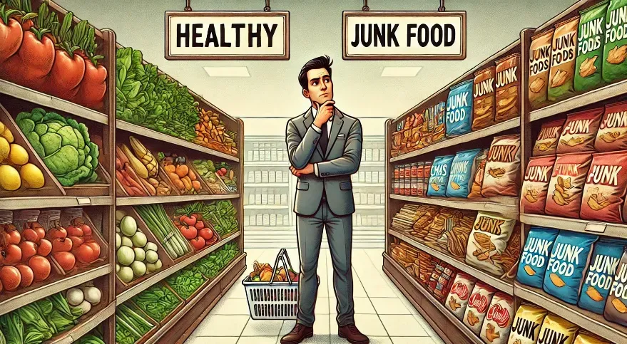 A man in a grocery store trying to decide between fresh produce and packaged junk food.