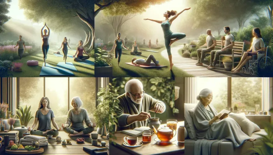 A vibrant and positive image showing diverse individuals thriving in various settings—outdoor yoga, enjoying herbal tea, practicing meditation—highlighting the physical and mental benefits of holistic practices.