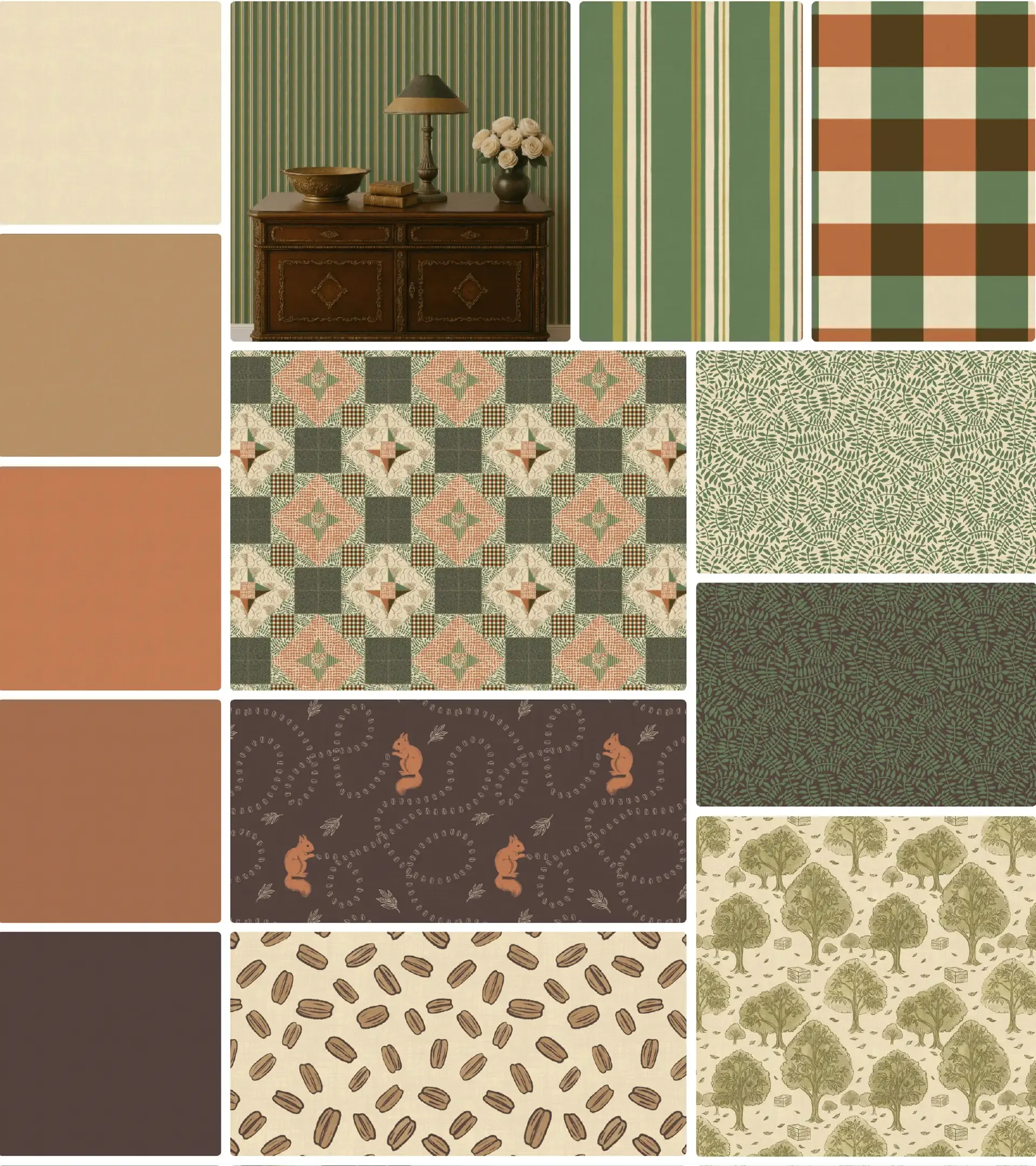 The Pecan Thieves surface pattern collection featuring squirrels, pecans, leafy botanicals, plaid, and woodland coordinating prints