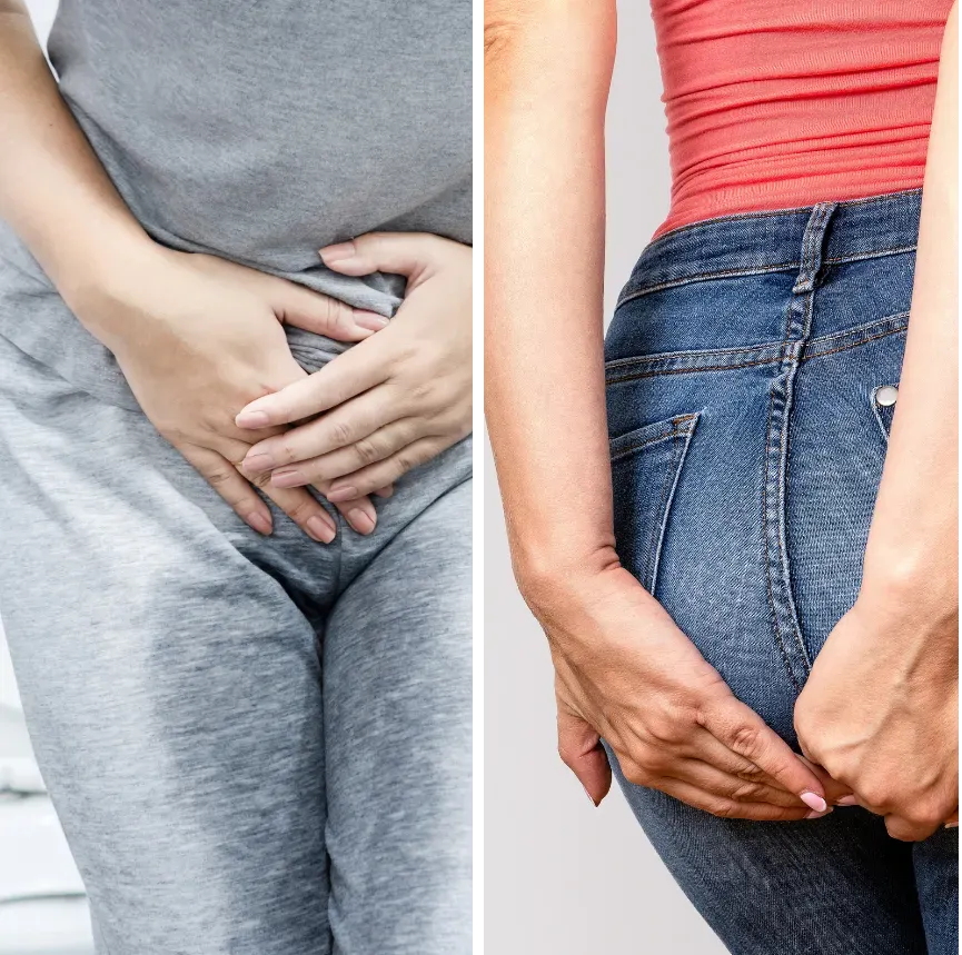 This image features two distinct visuals side by side, both addressing discomfort related to bodily functions. On the left, a person wearing gray clothing is seated, appearing to experience abdominal discomfort or urgency, with hands positioned on their abdomen. This imagery suggests themes of urgency or the need for relief. On the right, a person in fitted jeans is seen from the back, with their hands placed on their lower back, conveying a sense of discomfort or strain. The bold text 