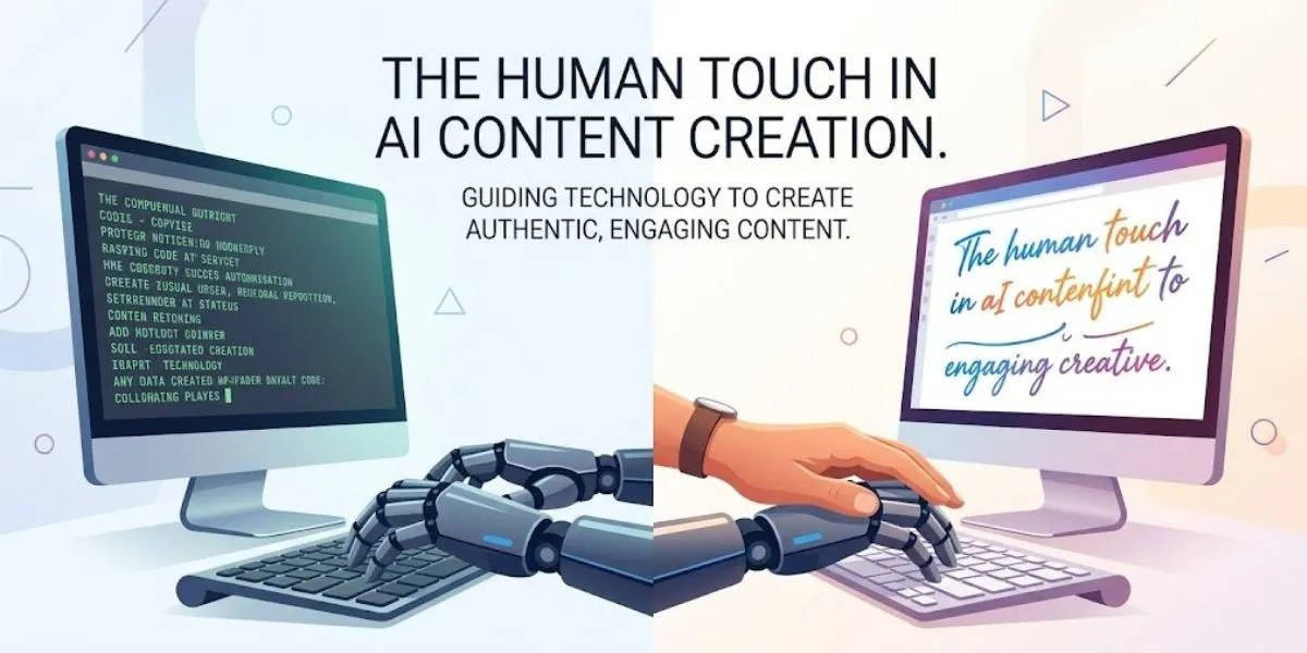 A graphic showing a human hand guiding a robot hand to use an AI content writer to create authentic, human-sounding content.