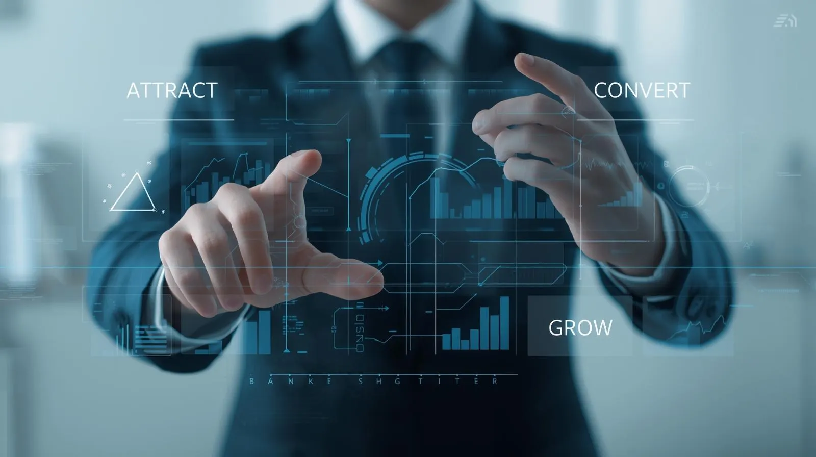 A business owner using an AI marketing strategy dashboard to attract, convert, and grow their business efficiently.