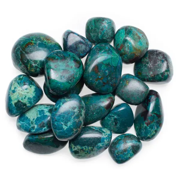 Collection of Chrysocolla gemstones revered for spiritual growth, protection, and awakening hidden talents. Known for their soothing attributes and connection to the Throat Chakra, these stones offer a conscious flow of words for self-expression, draw off negative energies during transitions, and enhance the capacity to love.