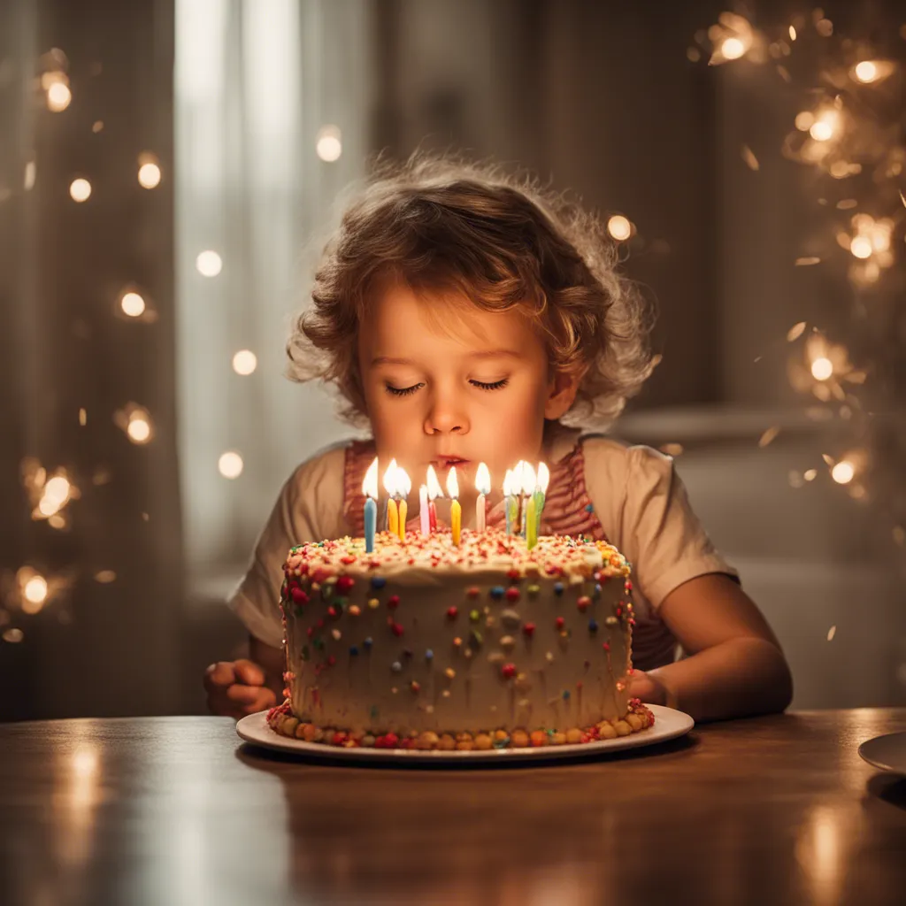 Child blowing out candles on a birthday cake.