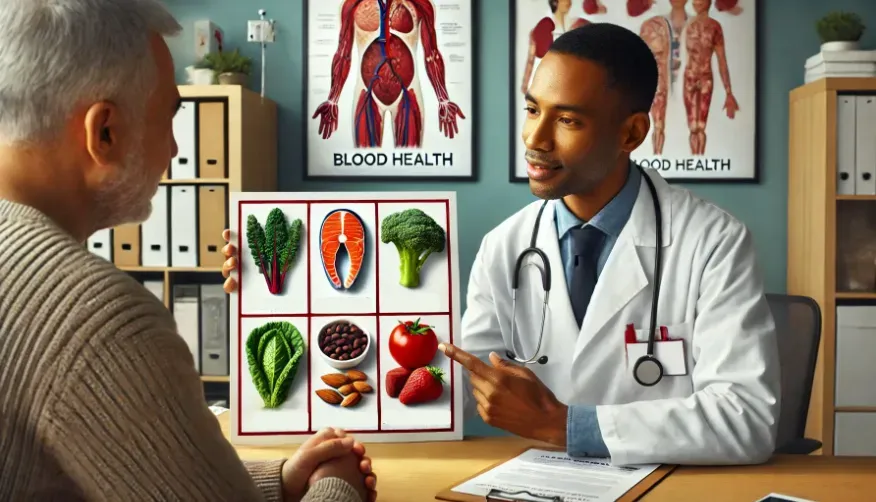 an African American hematologist talking to a patient holding a small chart showing images of kale, salmon, tofu, beans, almonds, and strawberries.