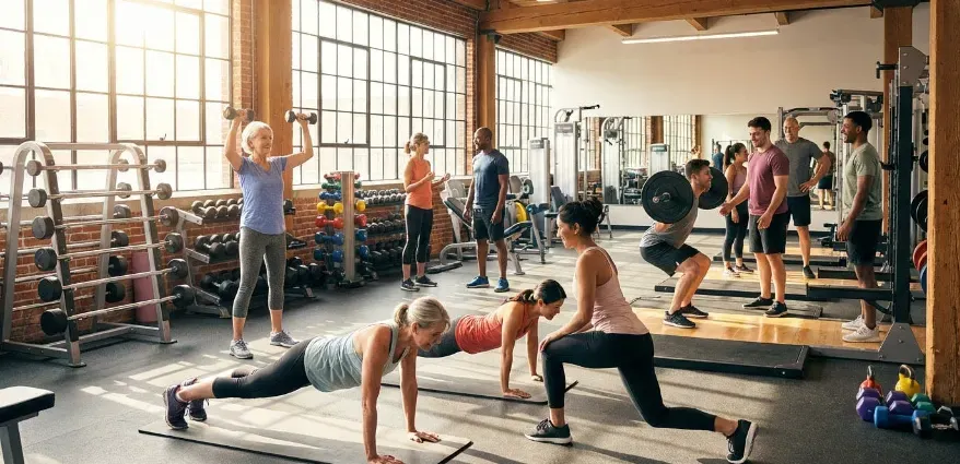 People performing strength training exercises including squats, push-ups, and dumbbell presses