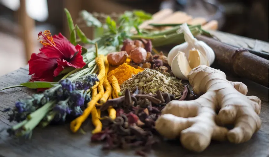 A vibrant, high-resolution image showcasing a selection of fresh and dried herbs used in herbal teas, including hibiscus, turmeric, ginkgo biloba, clove, garlic and ginger, styled on a wooden table with rustic elements. 