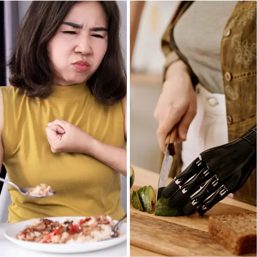 The image shows two scenes related to feeding. On the left, a woman in a yellow sleeveless top looks frustrated as she takes a bite of her food. On the right, a person with a prosthetic hand chops vegetables on a wooden cutting board. Fresh produce, including avocado and peaches, is visible. The word 'FEEDING' is displayed in bold font across the center.