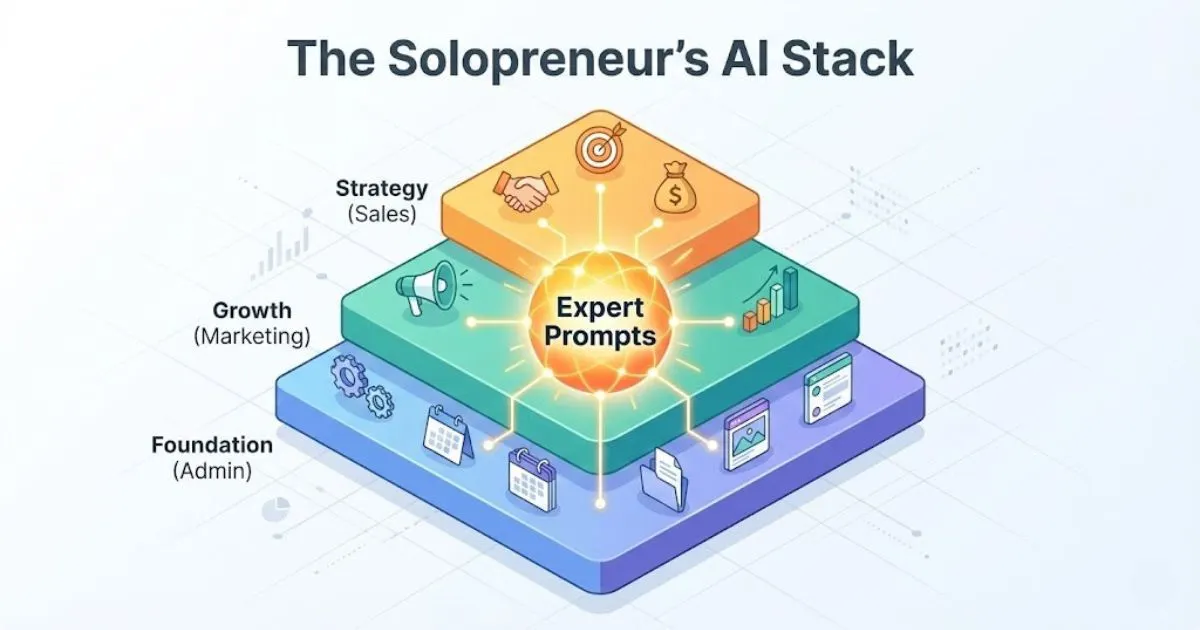 Infographic highlighting operations, marketing, and strategy layers of AI tools.