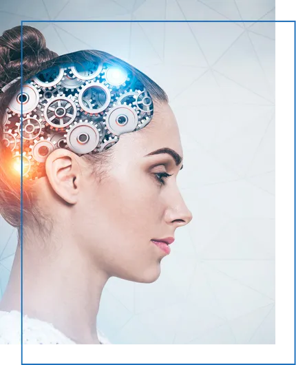 Image of a woman with gears turning in her brain