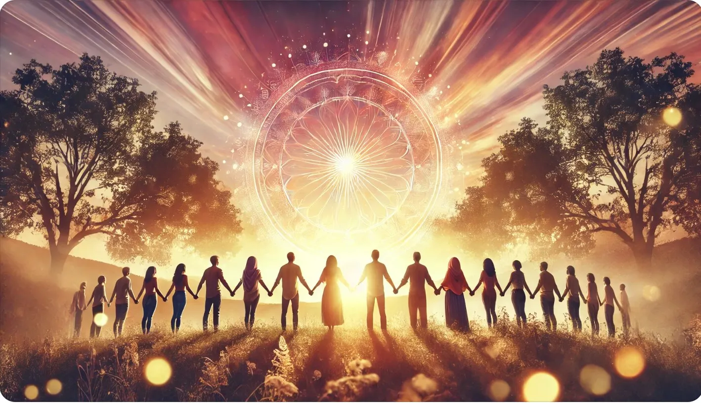 A group of people forming a circle under a radiant sunrise, symbolizing unity, connection, and the collective awakening of humanity.