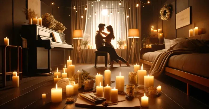 an image of a cozy, romantically lit room with candles, soft music playing, and a couple engaging in intimate cuddling.
