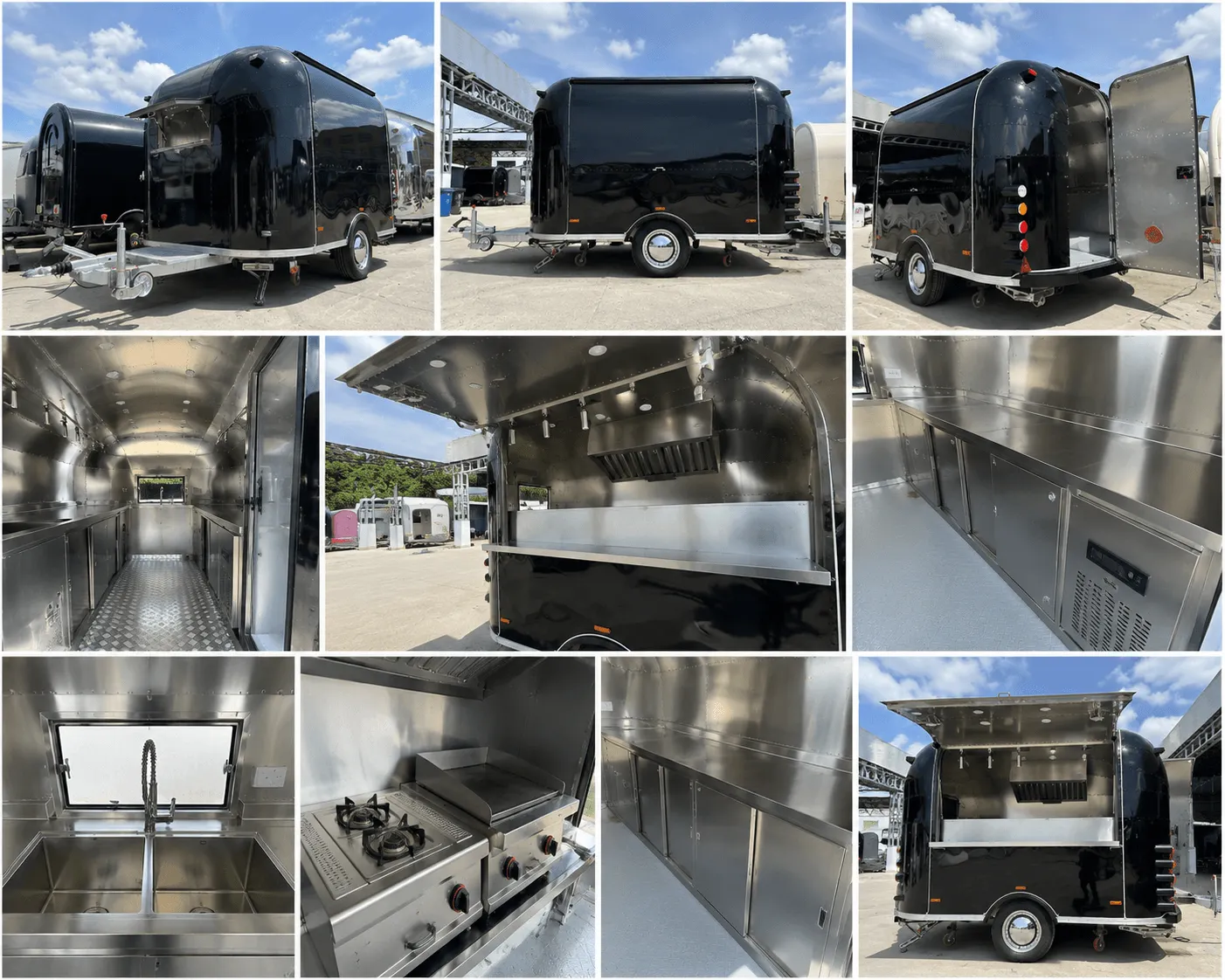 Airstream gastrotrailer 350 cm v lesklej čiernej, exteriér a nerezový interiér s výdajným oknom a kuchyňou