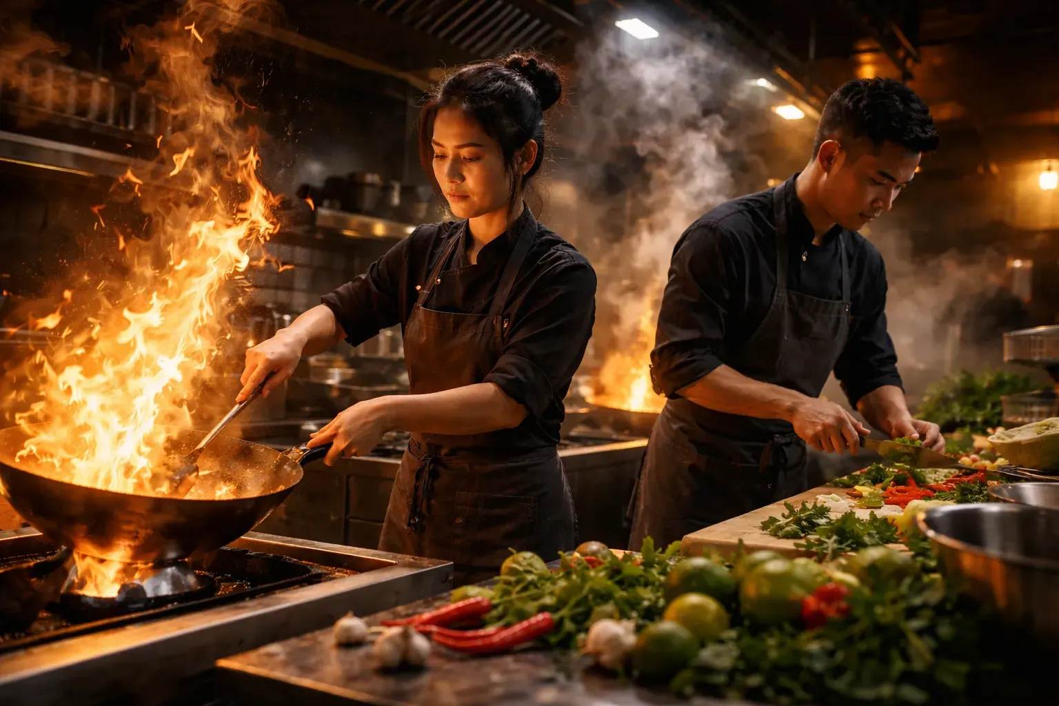 Twee Thaise koks bereiden Thais eten in een hete keuken in Amsterdam, met wokvlammen en verse ingrediënten
