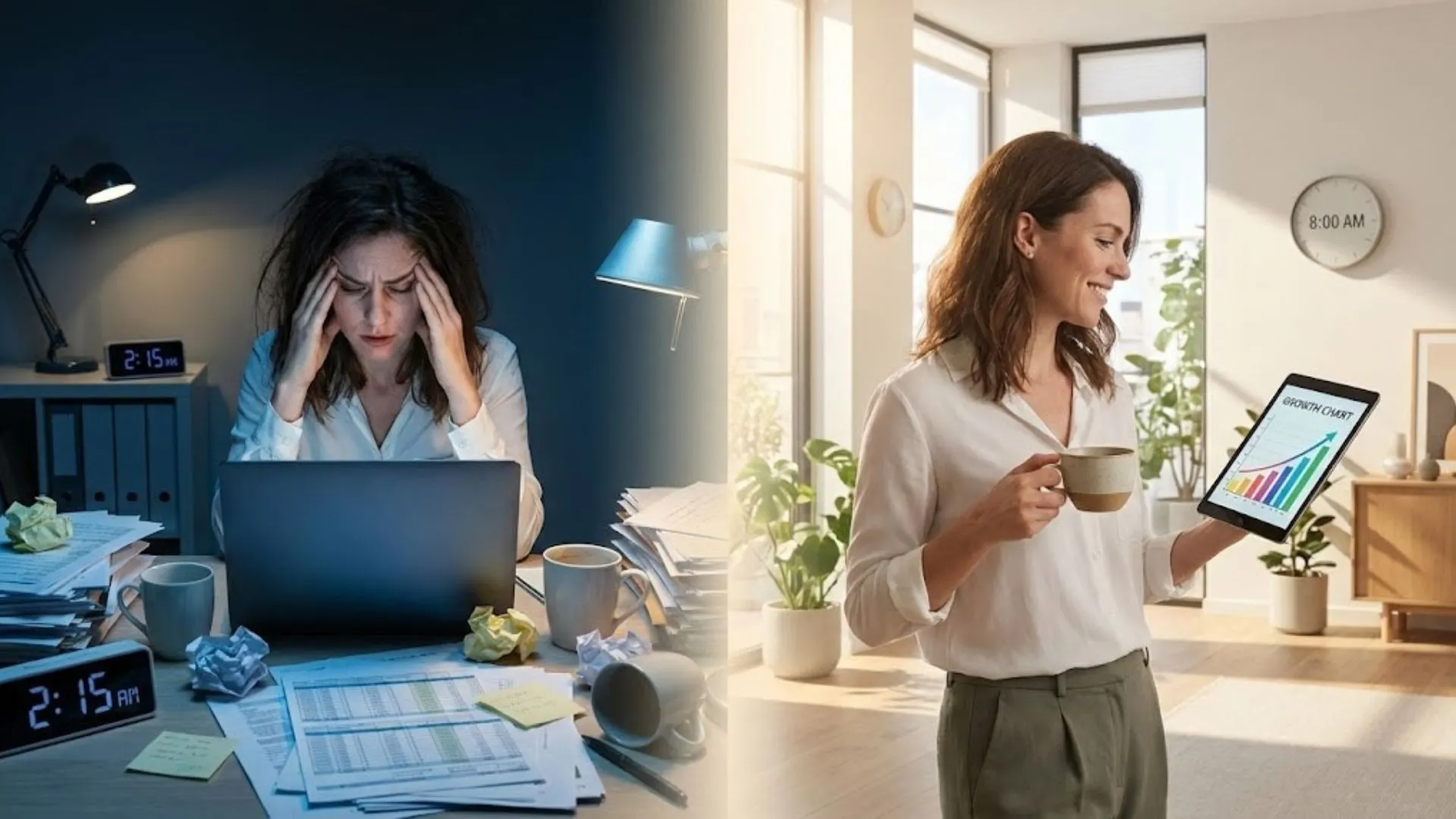 Comparison of stressed business owner vs relaxed entrepreneur achieving consulting business growth.