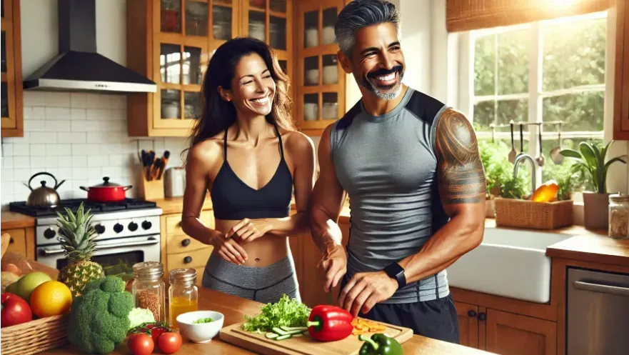 a middle-aged Latin American couple preparing a healthy meal together in workout clothing.