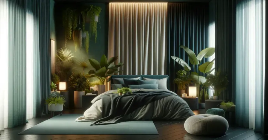 A calming bedroom environment showing elements like plants, a dark curtain, and a sleep-optimized setting.