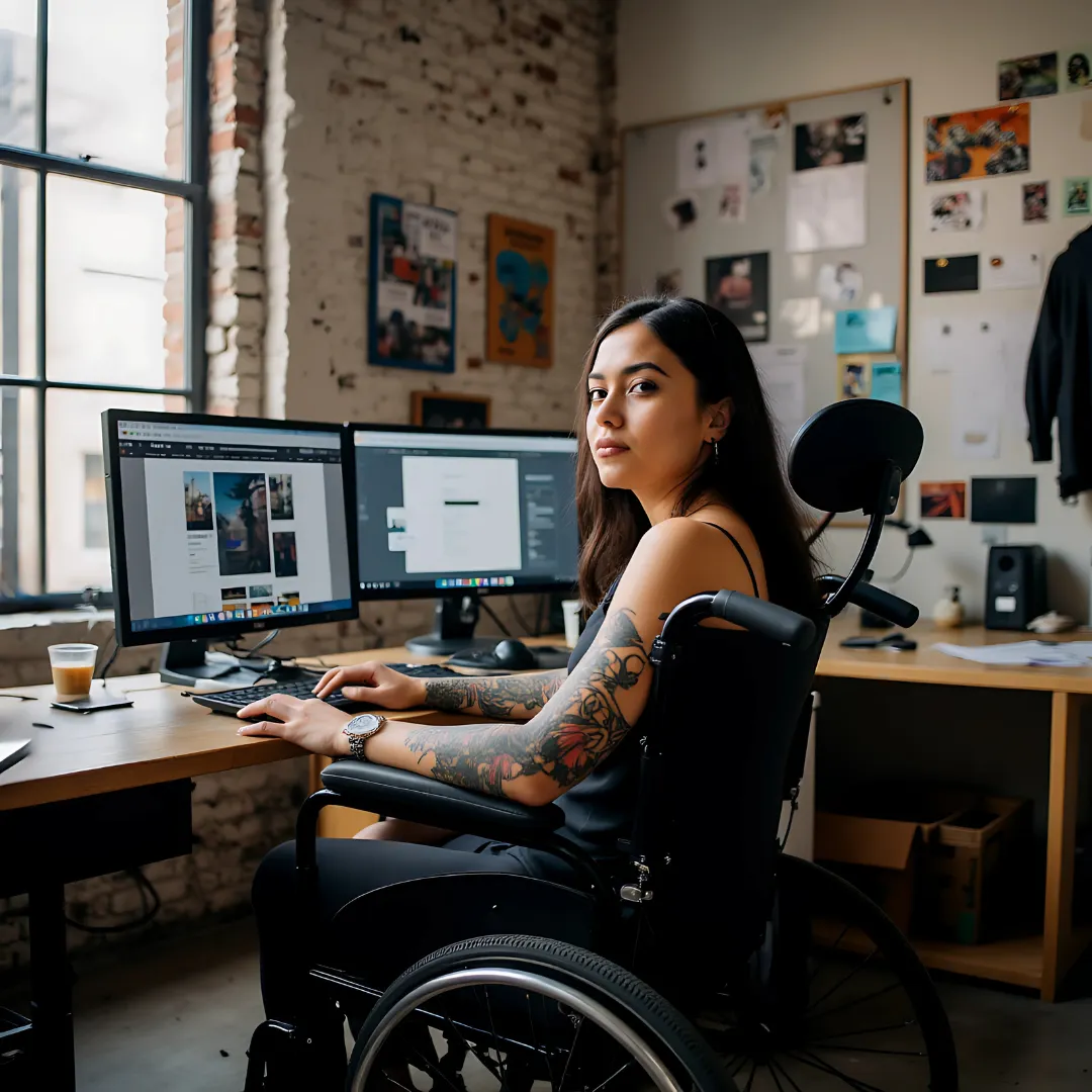 Wheelchair bound Latina at her computer station