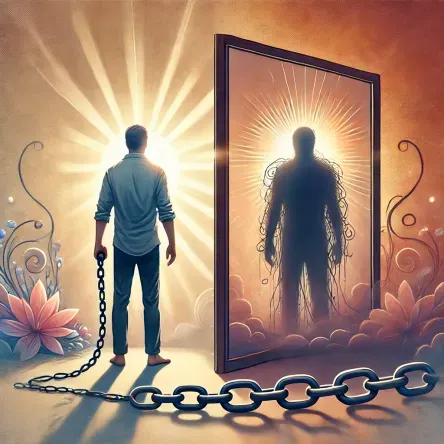 A symbolic digital image of a man facing a mirror—one side showing his radiant higher self, the other a shadowy version weighed down by chains, representing the internal struggle between healing and addictive patterns.