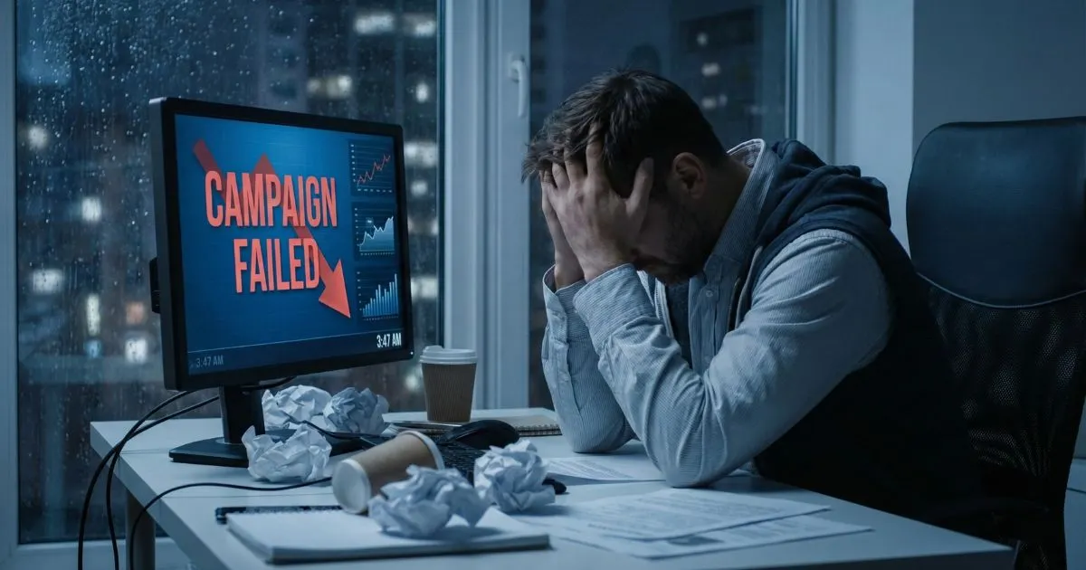 Stressed business owner looking at failed ad campaign data on computer.