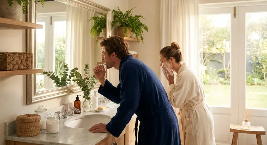 A calm morning routine scene showing a couple in the bathroom with double vanity sinks. The man is brushing his teeth and the woman is washing her face with foamy soap.