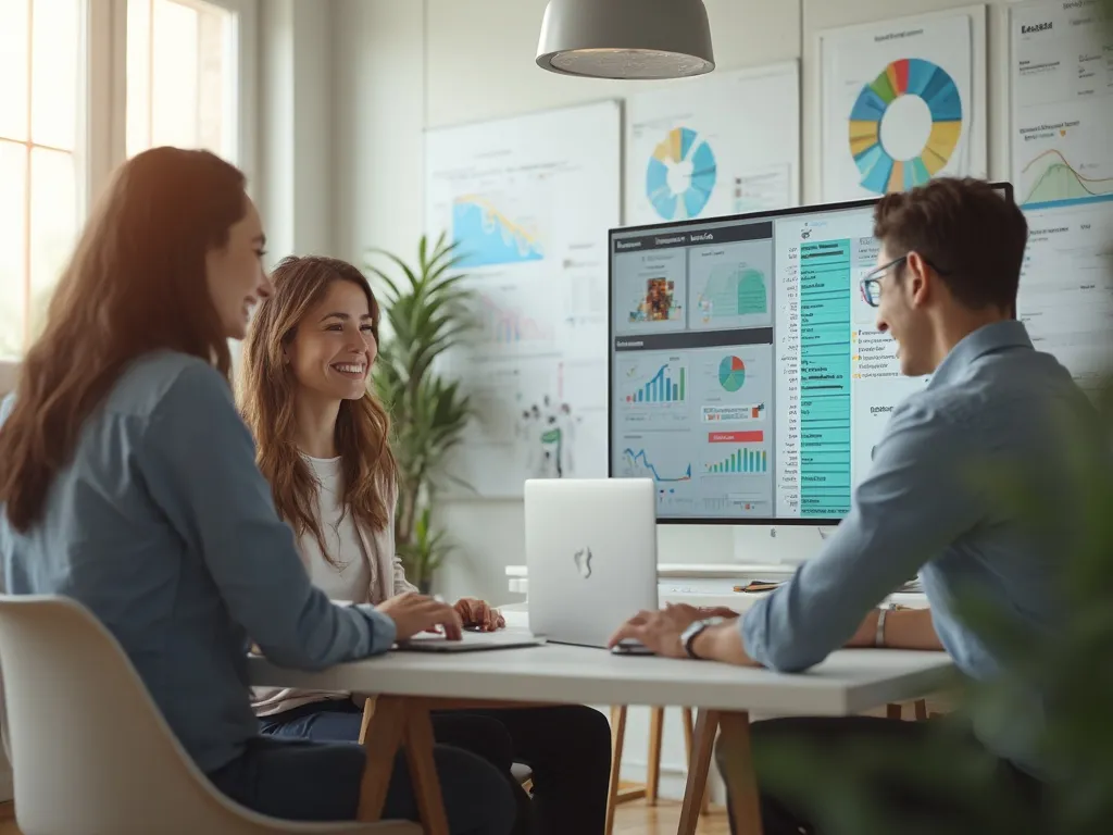 happy team at desk with graphs