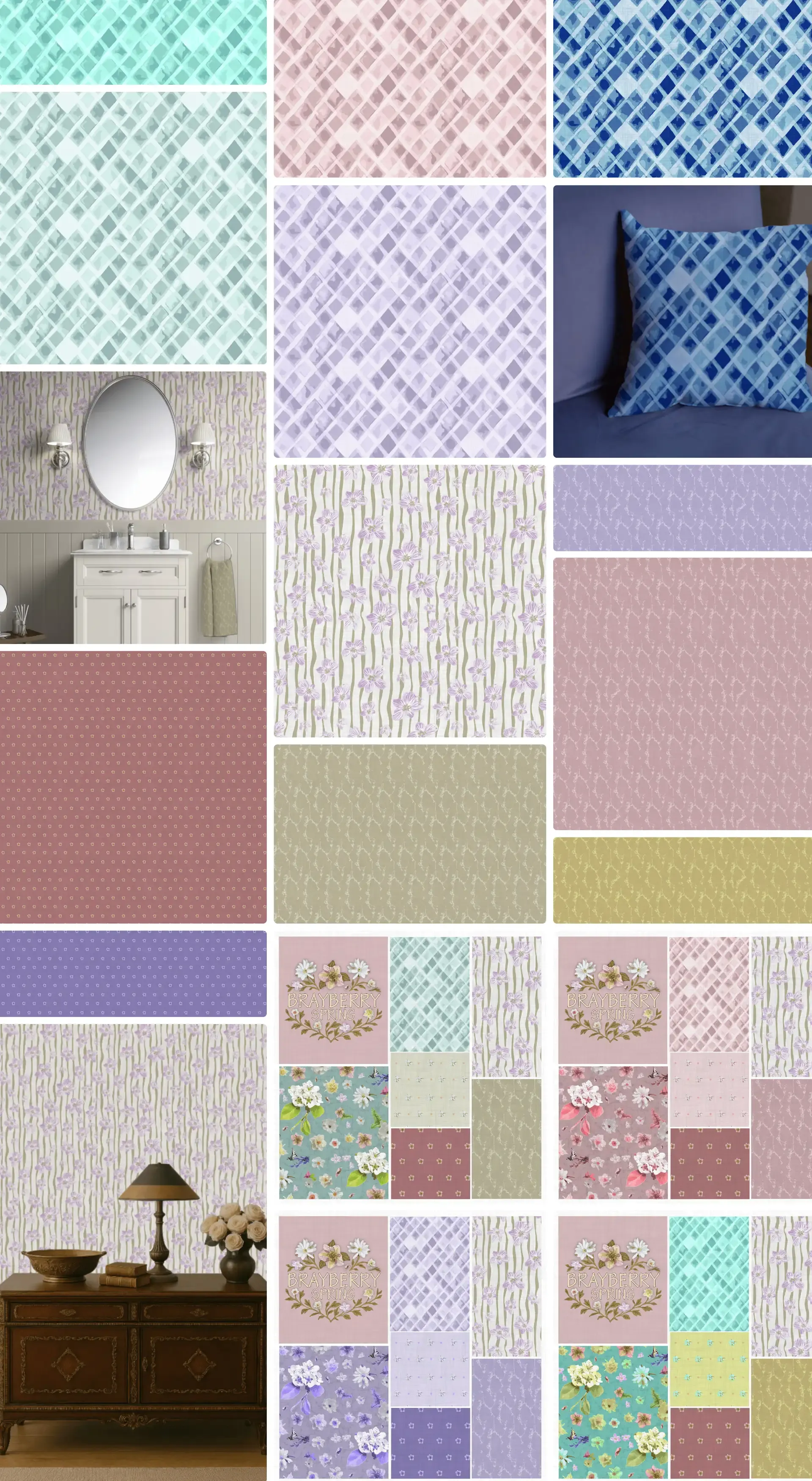 Brayberry Spring collection board featuring digitized floral repeat patterns made from real farm-grown blooms in soft pink, sky blue, cobalt, lavender, mint, cream, and pale yellow, with the collection logo, a bedroom bedding mockup, and multiple coordinating ditsy florals and tiny geometric blender prints.