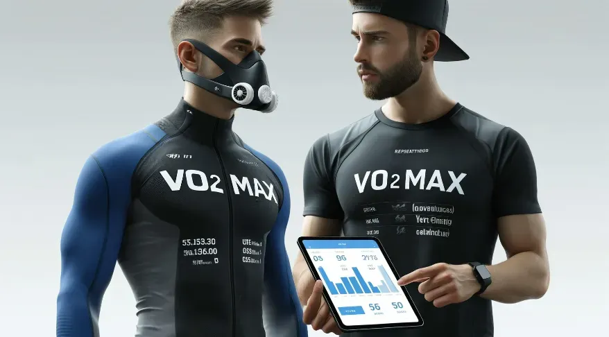 a personal trainer with an ipad talking to his client who is wearing a VO2 max tester.