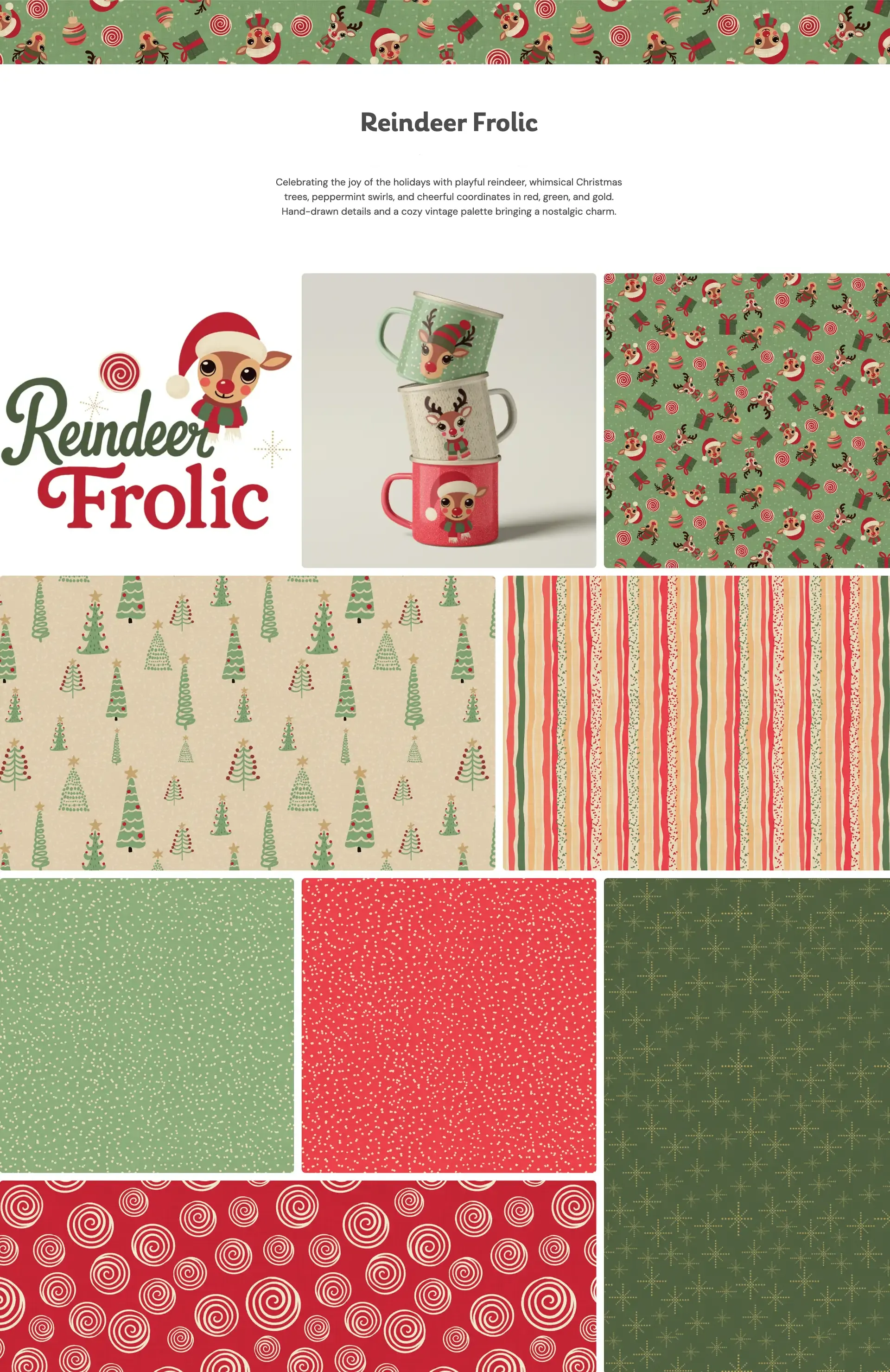 Reindeer Frolic collection board featuring playful Christmas repeat patterns with cute reindeer, decorated trees, peppermint swirls, stripes, speckled blender prints, and starburst coordinates in vintage red, sage green, cream, and gold, with the collection logo and stacked holiday mug mockup.
