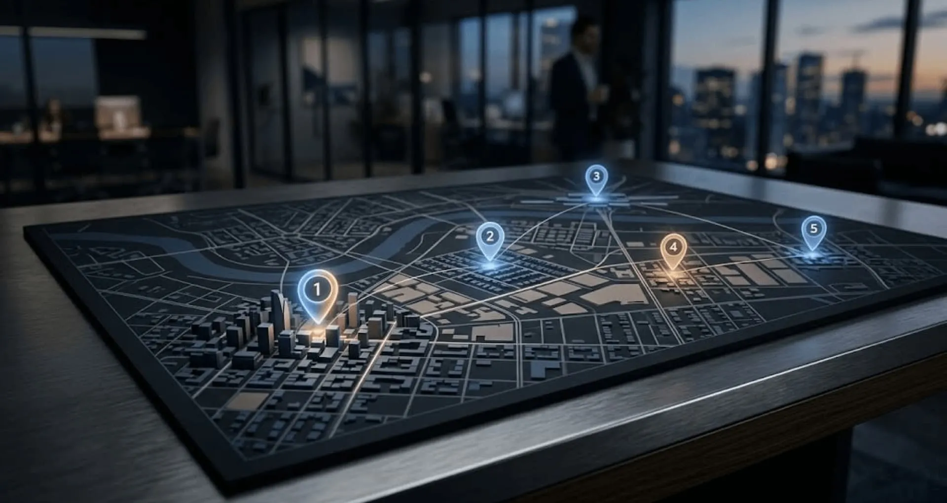 <alt=“Strategic city map with highlighted zones showing corporate housing location planning and proximity to key business areas.”>