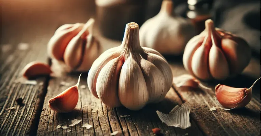 Fresh garlic bulbs on a wooden table highlighting its texture.