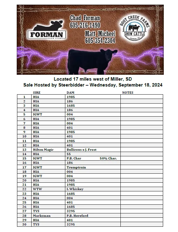 2024 Pasture Sale Flyer - Forman Show Steers and Boot Creek Farms - Page 1 of 2