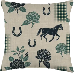 equestrian throw pillow with horses, horseshoes, roses, and gingham
