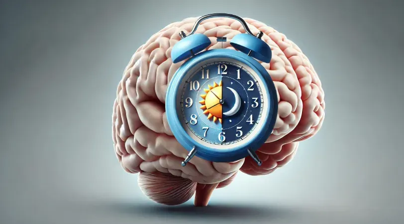 a brain with a clock superimposed on top of it, implying that the brain has an inner clock.