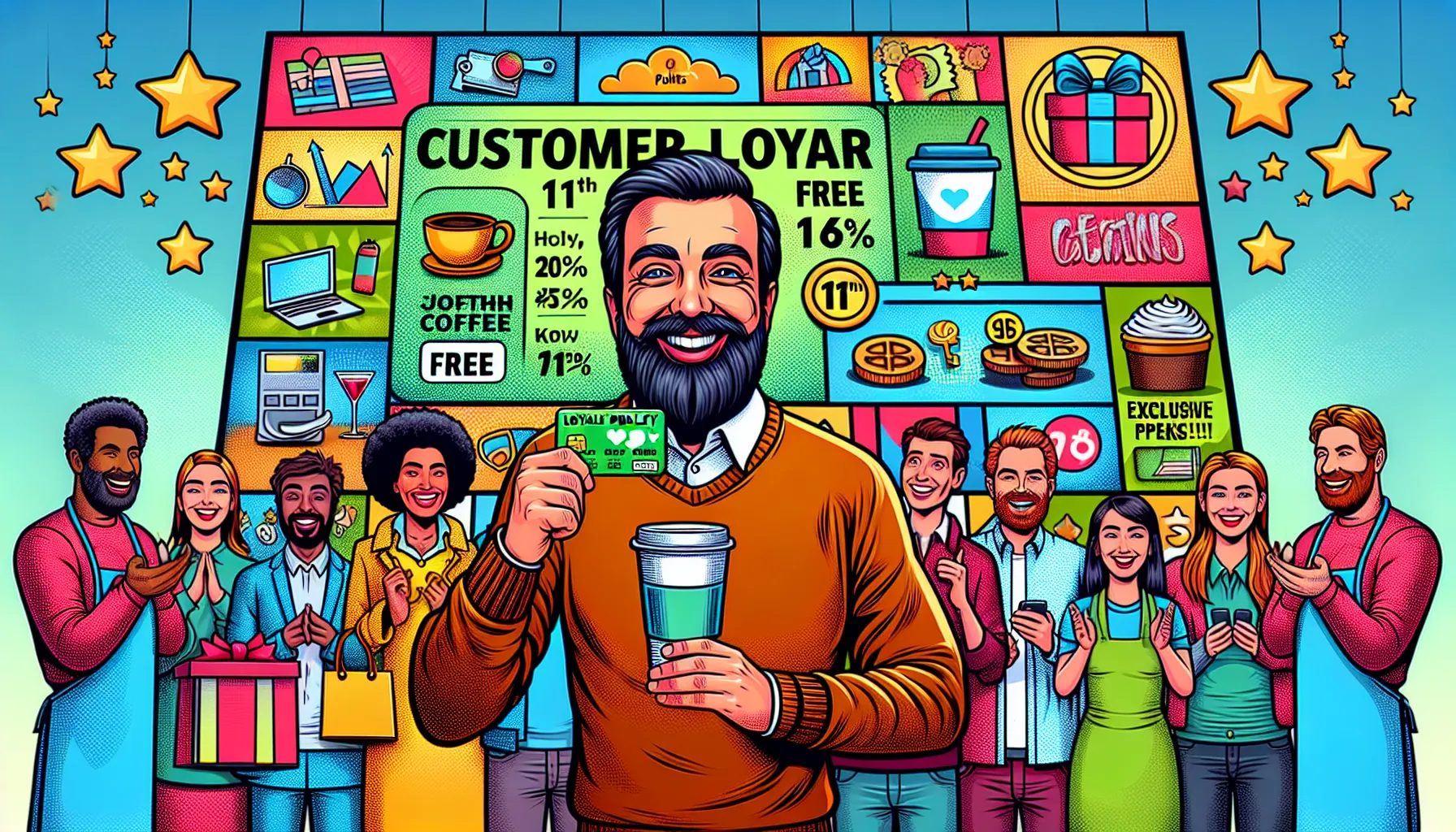 A bearded man holds a club card and a beverage, surrounded by smiling people. Behind them are colorful signs with reward program details and percentage discounts, highlighting effective sales growth strategies.