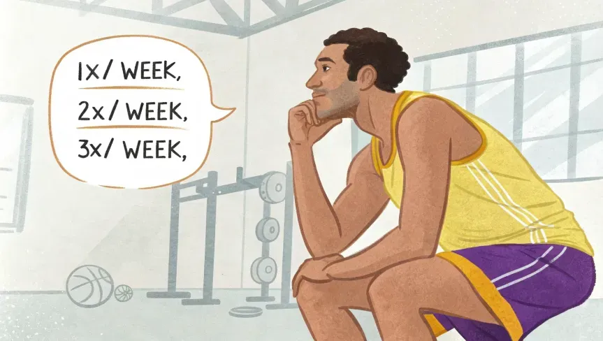 an illustration of a man in athletic attire, consisting of a yellow tank top and purple shorts with yellow trim. He is depicted with a thoughtful expression, resting his hand on his chin. Surrounding him are 3 separate text bubbles with workout frequency options: "1x/week," "2x/week," and "3x/week," along with a question mark, indicating indecision or pondering. The background features a gym area, emphasizing the theme of planning or considering a fitness routine.