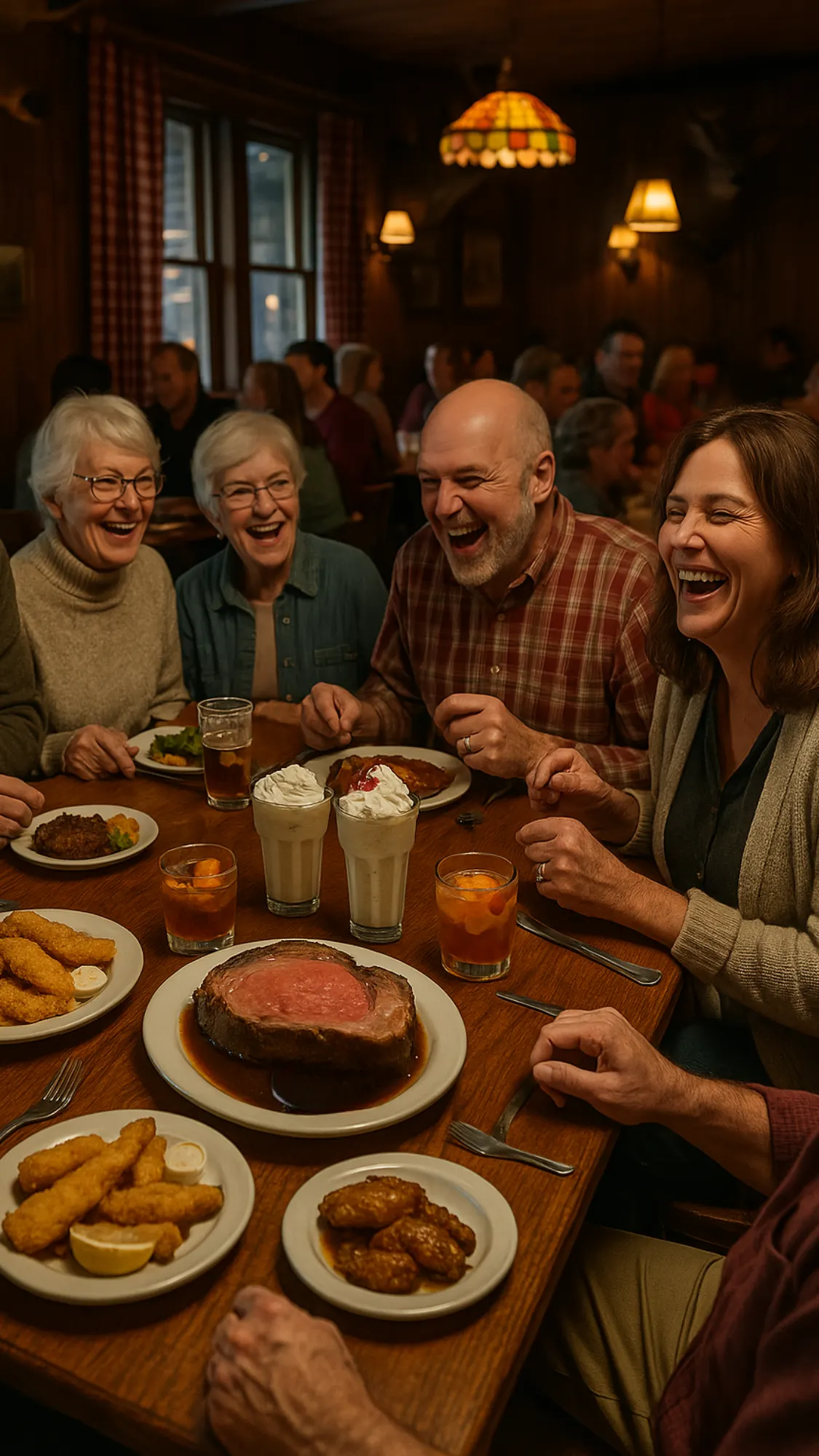 multi-generational gathering at a Wisconsin Supper Club, including men and women, seniors and middle-aged, enjoying a rustic vintage dining environment
