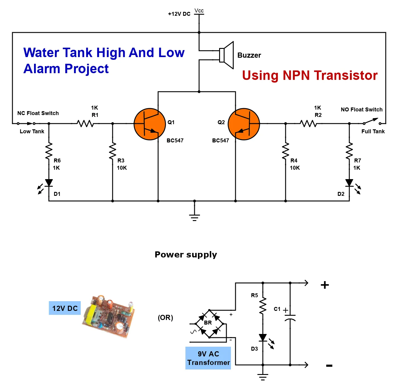 Water Tank Full And Low Alarm Project | Using NPN Transistors