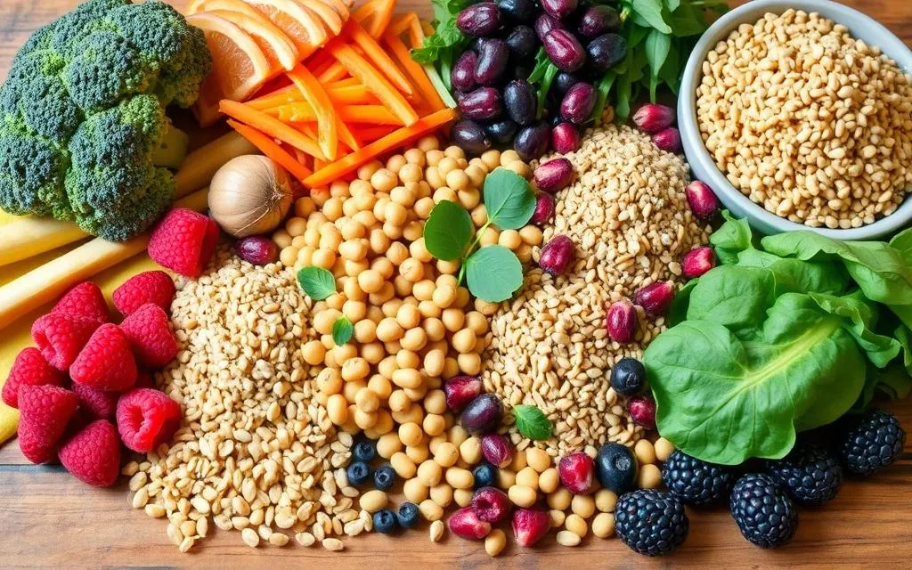 A vibrant assortment of fiber-rich foods suitable for diabetics, featuring a colorful display of fresh vegetables like broccoli and spinach, whole grains such as quinoa and brown rice, legumes including lentils and chickpeas