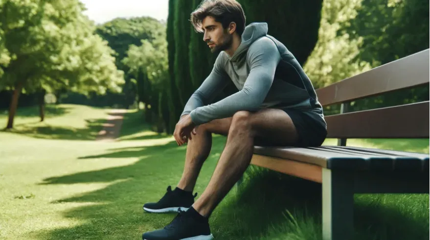 a man resting in a park resting in between interval training sessions.