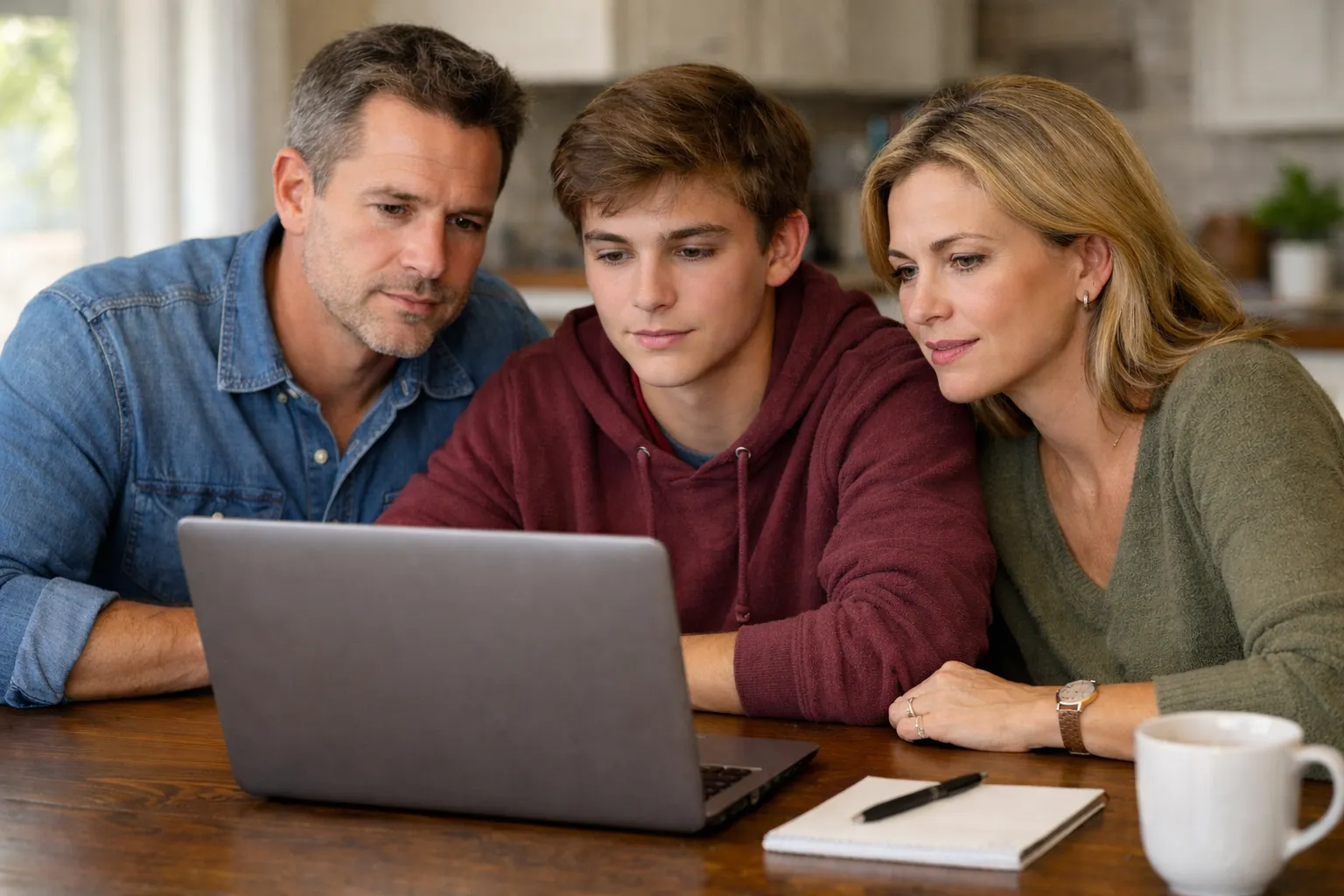 Parents and high school athlete looking at computer during Athlete & Family coaching session