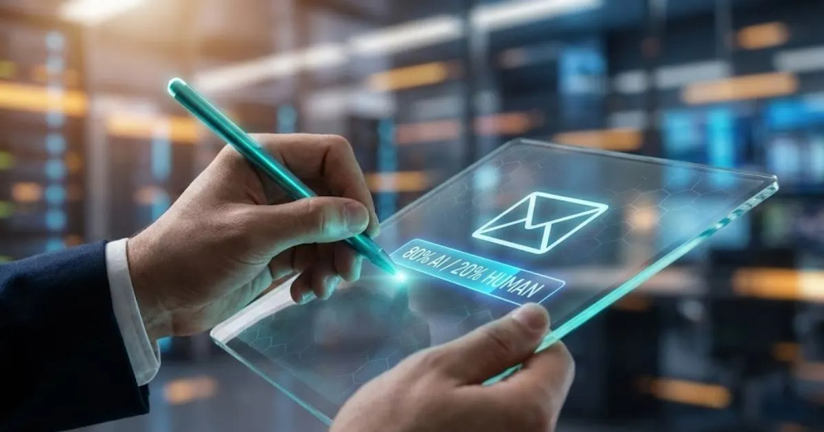 Human hand editing an AI generated email, representing the human-in-the-loop concept.