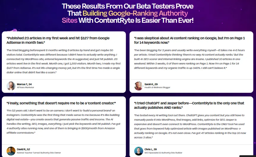 ContentRyte Review OTO Demo Bonuses Upsells OTOs Pricing Walkthrough-25-These Results From Our Beta Testers Prove That Building Google-Ranking Authority Sites With ContentRyte Is Easier Than Ever