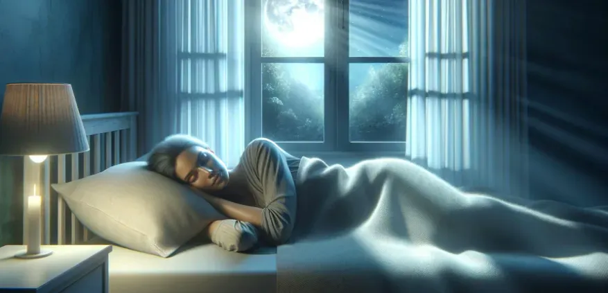 A serene image of a woman sleeping peacefully at nighttime with the moonlight coming through the window. 