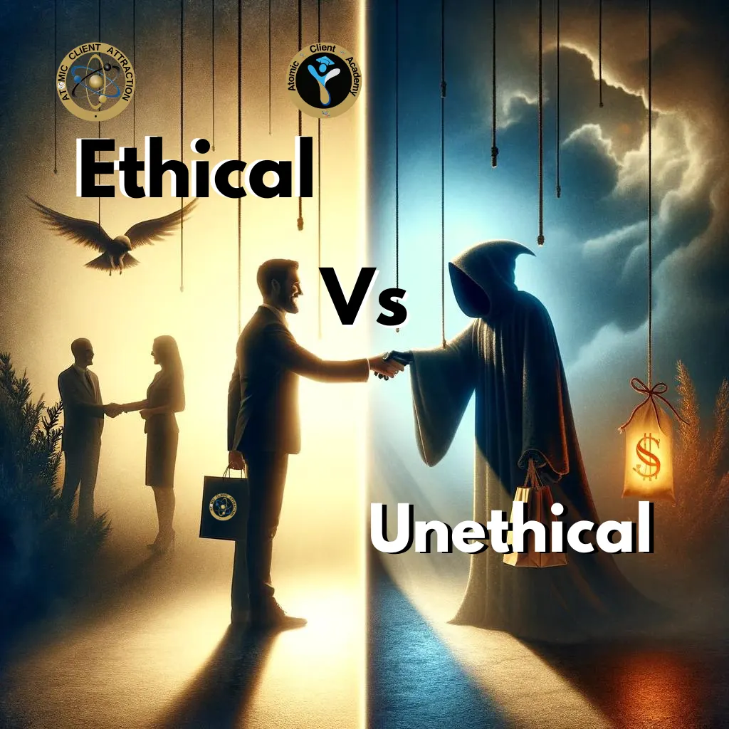 Image of on the left soft glow representing being ethical coach or therapist. On the right an image of the dark reaper representing unethical sales and marketing