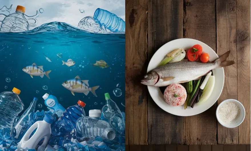 A split screen of fish swimming in water with plastic debris (like plastic water bottles) floating around next to them. on the other side of the image shows a birds eye view of a plate with a whole fish on it with rice and vegetables on a wooden table in a rustic kitchen. the whole image conveys how microplastics enters out food supply. 