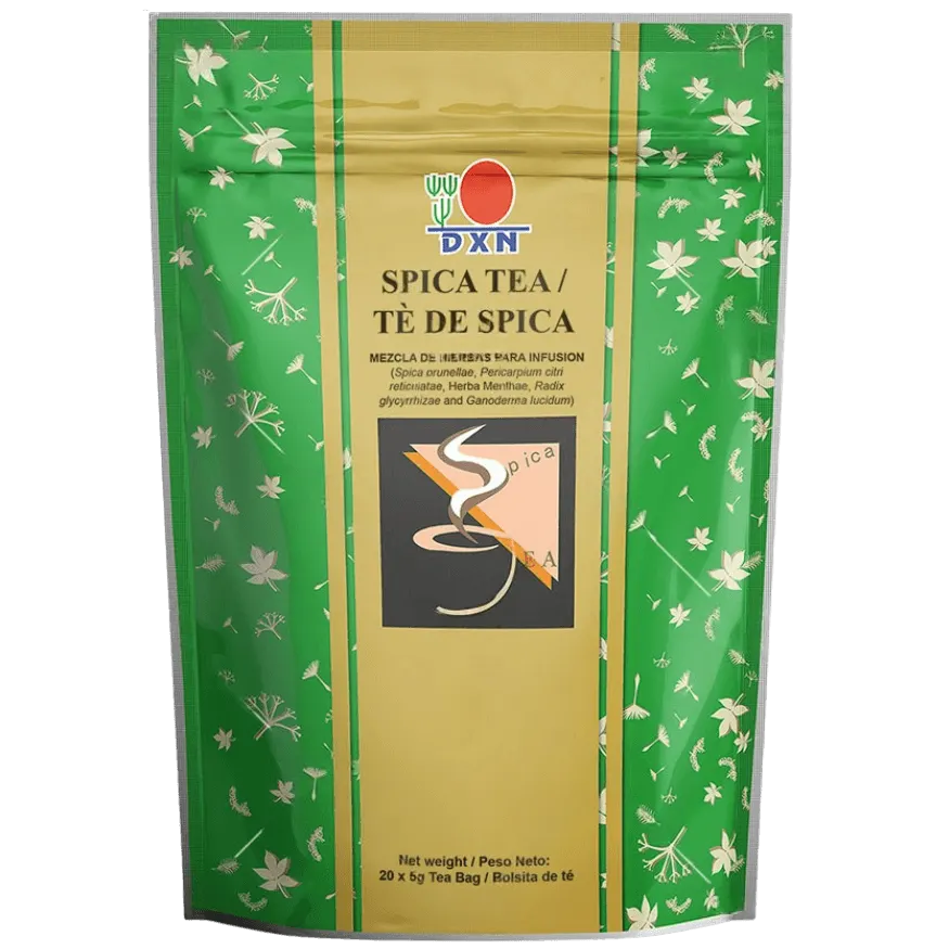 Bolsa y taza de Té de Spica de DXN, una mezcla herbal suave que apoya los procesos naturales de limpieza del cuerpo.