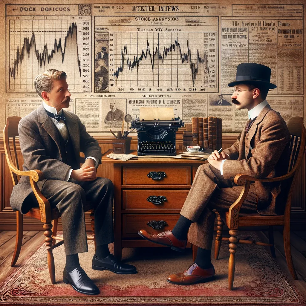A vintage-inspired image showcasing an old-fashioned interview setting, featuring two men in early 20th-century attire, resembling William D. Gann abd Richard Wyckoff 