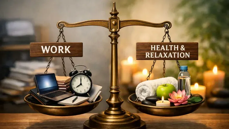 A visual showing scales balancing work responsibilities on one side and health, relaxation, and recovery on the other.