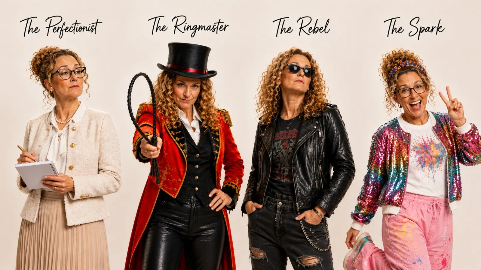 Diane as the four characters of CHASING — The Perfectionist, The Ringmaster, The Rebel and The Spark